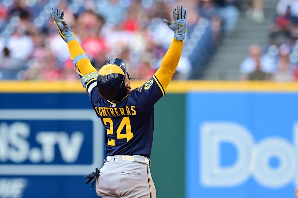 Brewers catcher William Contreras celebrates after hitting a double during the sixth inning against the Guardians at Progressive Field.