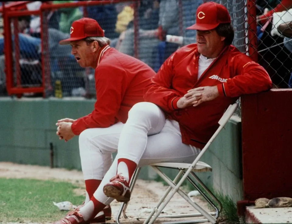 Cincinnati Reds manager Pete Rose, right, and coach Tommy Helms watching the action in their exhibition game against Toronto during their spring training camp in Tampa, Florida on March 31, 1987.Ricky Rogers&sol;The Tennessean &sol; USA TODAY NETWORK via Imagn Images