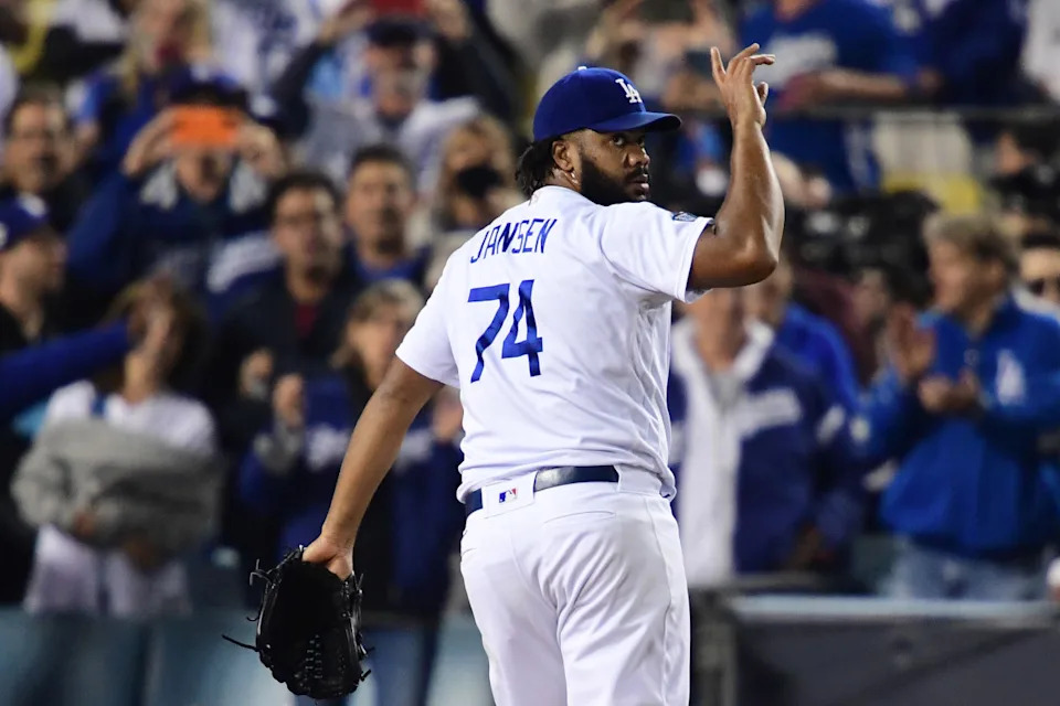 Los Angeles Dodgers relief pitcher Kenley Jansen (74) celebrates after defeating the Atlanta Braves.Gary A&period; Vasquez-Imagn Images