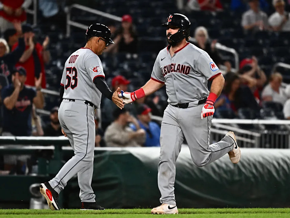 May 6, 2025; Washington, District of Columbia, USA; Cleveland Guardians catcher Austin Hedges (27) rounds the bases on a solo home run during the ninth inning against the Washington Nationals at Nationals Park.