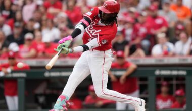 Cincinnati Reds' Elly De La Cruz hits a home run during the first inning of a baseball game against the Houston Astros in Houston, Saturday, May 10, 2025. TJ Friedl and Matt McLain also scored.