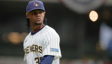 Milwaukee Brewers' Elvin Rodriguez looks back during the fourth inning of a baseball game against the Cincinnati Reds, Saturday, April 5, 2025, in Milwaukee