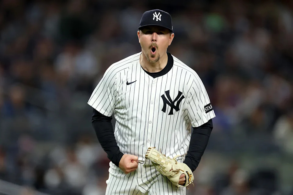 NEW YORK, NEW YORK - MAY 20: Mark Leiter Jr. #56 of the New York Yankees reacts after getting a strikeout against the Texas Rangers during the sixth inning at Yankee Stadium on May 20, 2025 in New York City.