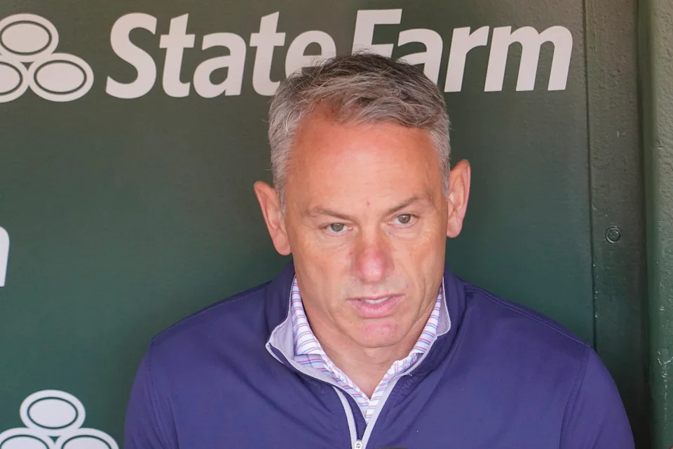 Jed Hoyer President of the Chicago Cubs talks to the media before a game between the Chicago Cubs and the Miami Marlins at Wrigley Field.David Banks-Imagn Images