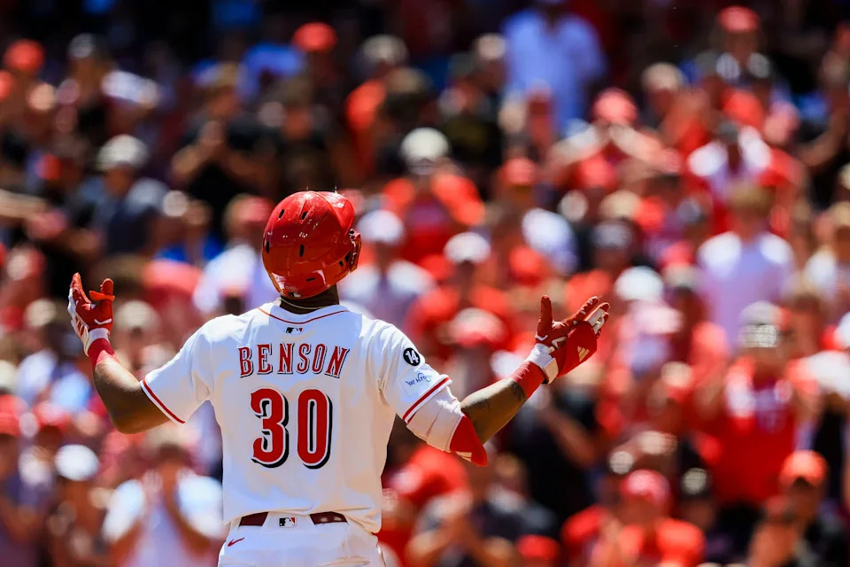 Will Benson celebrates after his two-run home run in the fourth inning gave the Reds a 2-0 lead on the way to their 3-1 victory and three-game sweep of the Cleveland Guardians. Benson added a solo home run in the sixth inning.