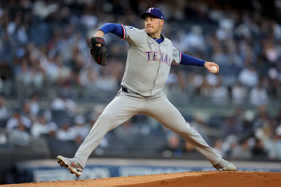 May 20, 2025; Bronx, New York, USA; Texas Rangers starting pitcher Patrick Corbin (46) pitches against the New York Yankees during the first inning at Yankee Stadium.