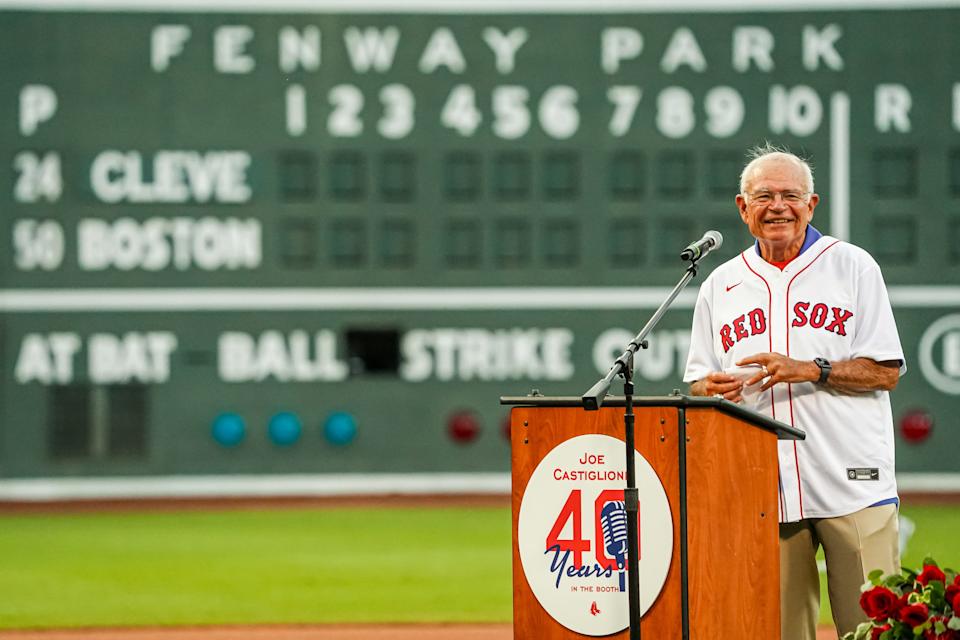 Jul 28, 2022; Boston, Massachusetts, USA; Radio personality, Joe Castiglione, is honored after 40 years as the voice of the Boston Red Sox during a ceremony before the start of the game against the Cleveland Guardians at Fenway Park