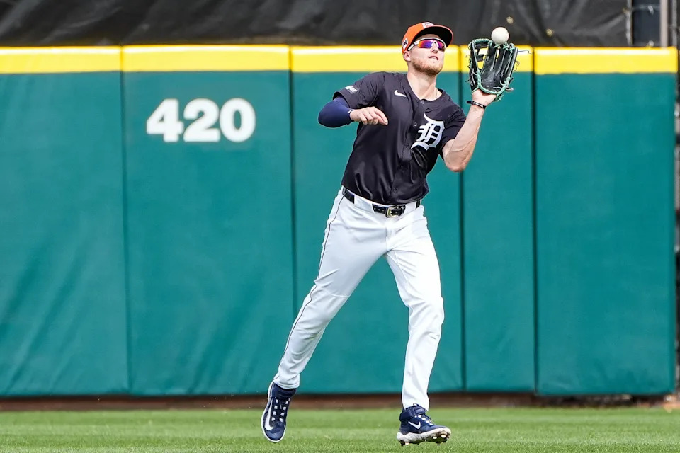 Detroit Tigers center fielder Parker Meadows catches a fly ball against the Philadelphia Phillies during the second inning of a Grapefruit League game at Joker Marchant Stadium in Lakeland, Fla. on Saturday, Feb. 22, 2025.