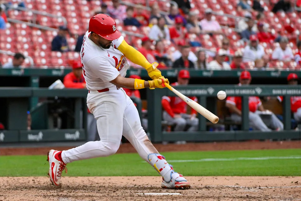 St. Louis Cardinals catcher Ivan Herrera (48) hits a three run home run for his third home run of the game during the eighth inning against the Los Angeles AngelsJeff Curry-Imagn Images
