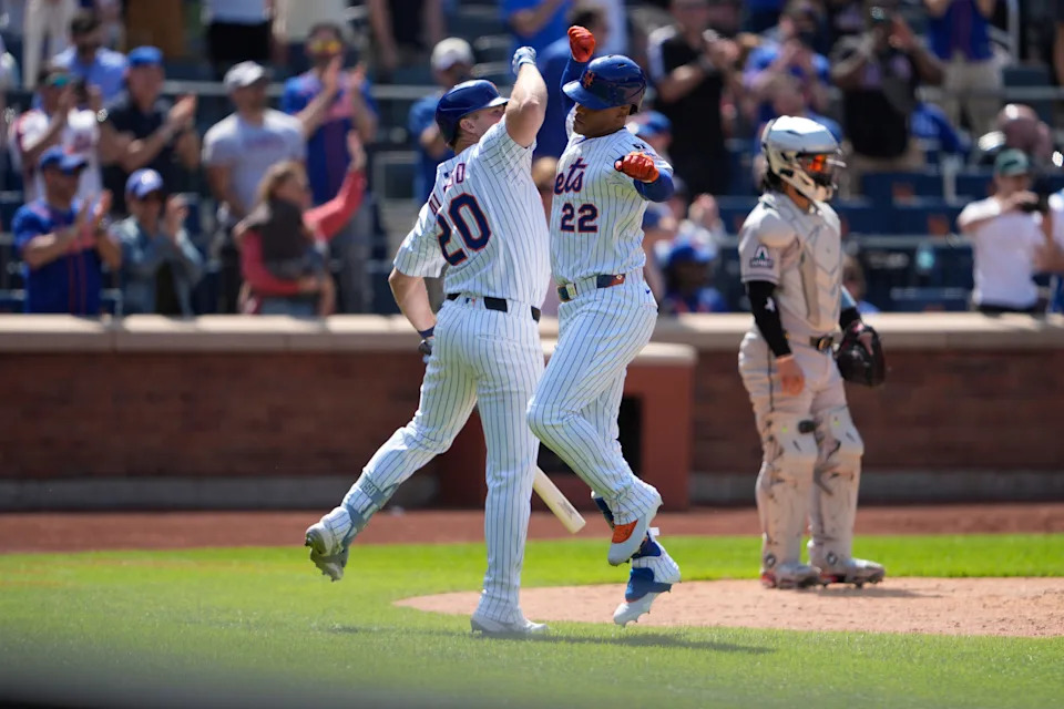 May 1, 2025; New York City, New York, USA; New York Mets first baseman Pete Alonso (20) congratulates right fielder Juan Soto (22) for d hitting a home run against the Arizona Diamondbacksuring the sixth inning at Citi Field. Mandatory Credit: Gregory Fisher-Imagn Images