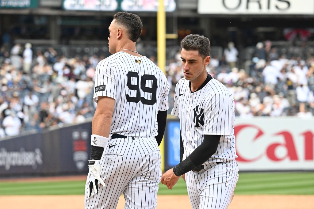 Aaron Judge (99) reacts after grounding out to end the eighth inning during the Yankees' game against the Ray on May 3.