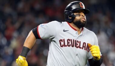 Cleveland Guardians' Carlos Santana hits a home run during the sixth inning of the second baseball game of a doubleheader against the Washington Nationals, Tuesday, May 6, 2025, in Washington. (AP Photo/Daniel Kucin Jr.)