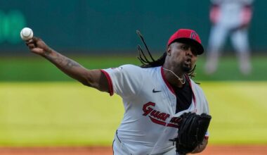Cleveland Guardians' Luis Ortiz pitches in the first inning of a baseball game against the Philadelphia Phillies in Cleveland, Sunday, May 11, 2025. (AP Photo/Sue Ogrocki)