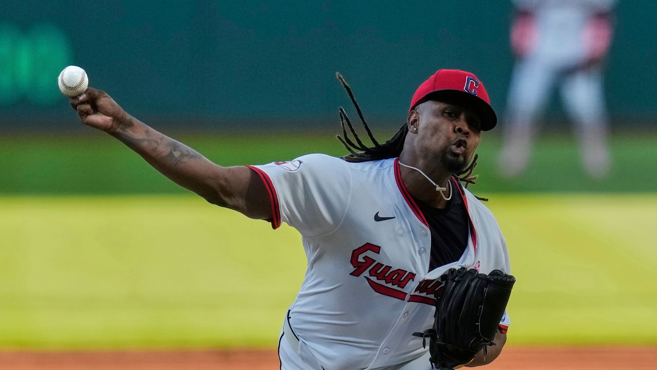Cleveland Guardians' Luis Ortiz pitches in the first inning of a baseball game against the Philadelphia Phillies in Cleveland, Sunday, May 11, 2025. (AP Photo/Sue Ogrocki)