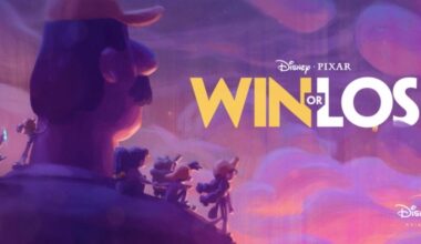 Animated image showcasing a group of Pixar characters gazing upward, embodying Christian character virtues. The text reads "Win or Lose" beneath the iconic Disney and Pixar logos, set against a warm, cloudy sky backdrop.