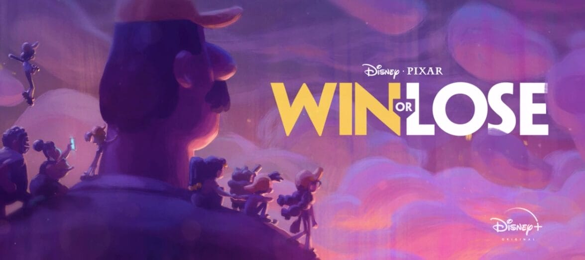 Animated image showcasing a group of Pixar characters gazing upward, embodying Christian character virtues. The text reads "Win or Lose" beneath the iconic Disney and Pixar logos, set against a warm, cloudy sky backdrop.