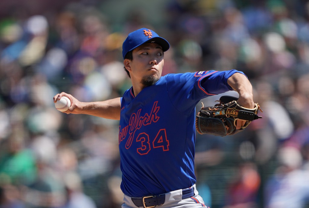 Kodai Senga #34 of the New York Mets pitches against the Athletics in the bottom of the fourth inning at Sutter Health Park on April 13, 2025 in Sacramento, California.