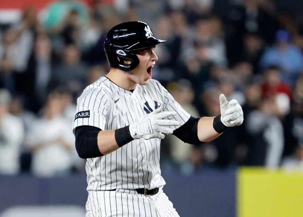 New York Yankees first baseman Ben Rice reacts after he connects on a two run RBI double against the San Diego Padres in the seventh inning at Yankee Stadium in the Bronx, New York, USA, Tuesday, May 06, 2025.