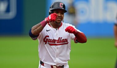 Cleveland Guardians' José Ramírez runs the bases after hitting a solo home run off Milwaukee Brewers pitcher Quinn Priester during the first inning of a baseball game, Tuesday May 13, 2025, in Cleveland. (AP Photo/David Dermer)