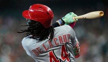Cincinnati Reds' Elly De La Cruz hits a home run during the first inning of a baseball game against the Houston Astros in Houston, Saturday, May 10, 2025. TJ Friedl and Matt McLain also scored.