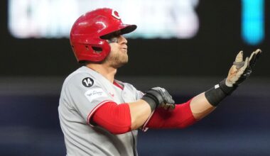 Cincinnati Reds' TJ Friedl reacts after hitting a double during the fifth inning of a baseball game against the Miami Marlins, Tuesday, April 22, 2025, in Miami. (AP Photo/Lynne Sladky)