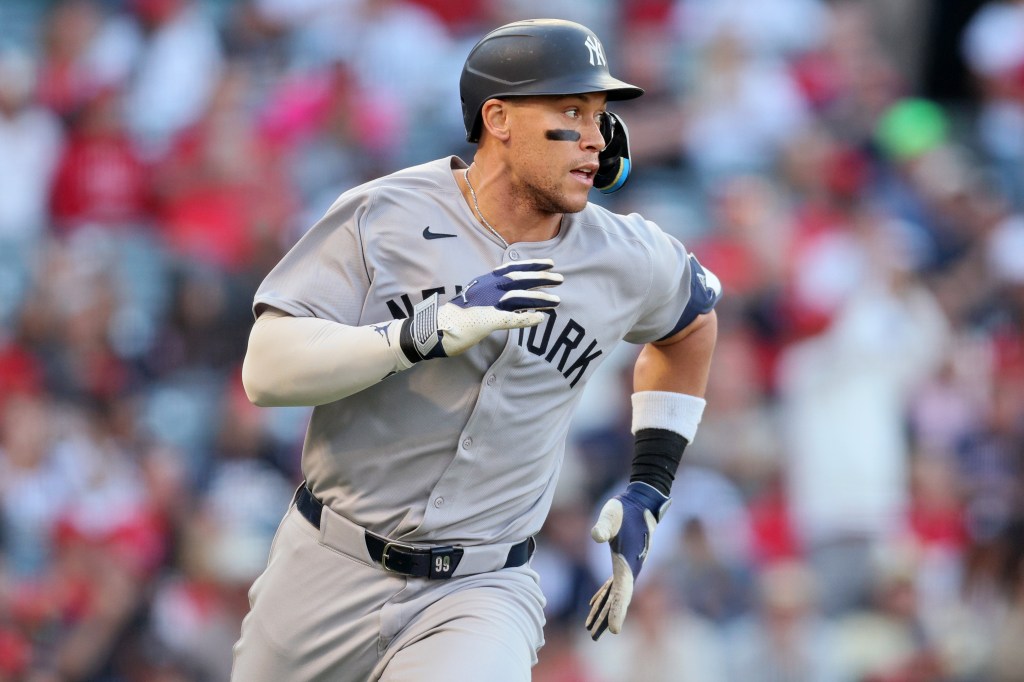 New York Yankees' Aaron Judge hits a single during the first inning of the Major League Baseball (MLB) game between the New York Yankees and the Los Angeles Angels in Anaheim, California, USA, 27 May 2025.