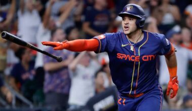 Houston Astros' Yainer Diaz flips his his bat after hitting a walkoff home run against the Boston Red Sox. (AP Photo/Michael Wyke)