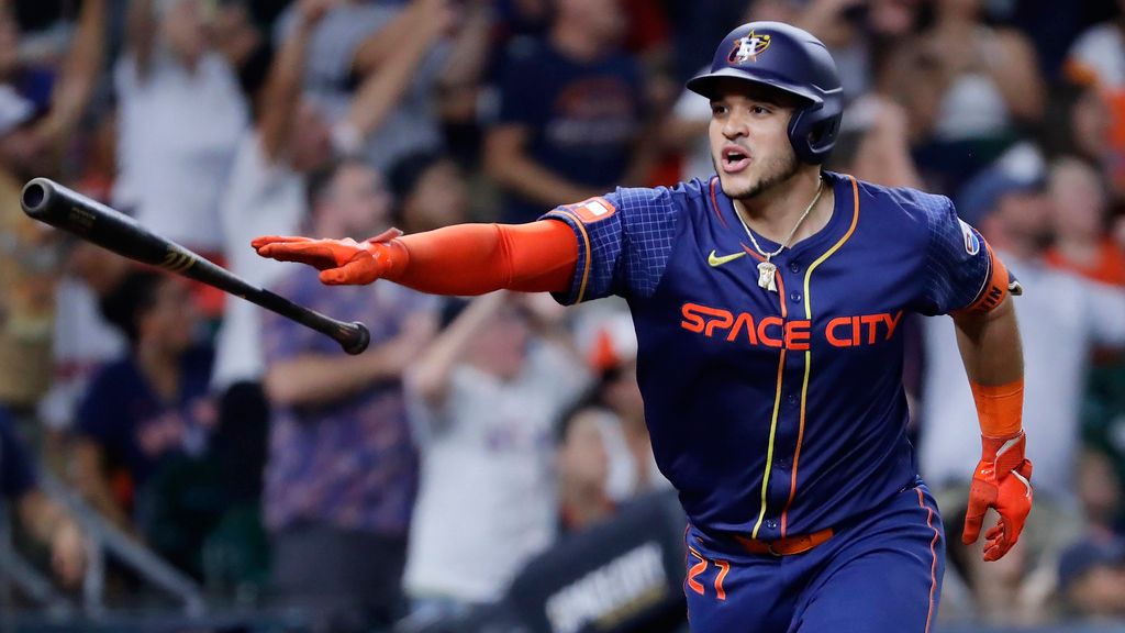 Houston Astros' Yainer Diaz flips his his bat after hitting a walkoff home run against the Boston Red Sox. (AP Photo/Michael Wyke)