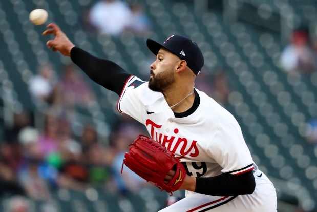 Minnesota Twins pitcher Pablo LÃ³pez (49) throws to the Baltimore Orioles during the first inning of a baseball game Tuesday, May 6, 2025, in Minneapolis, Minn. (AP Photo/Ellen Schmidt)
