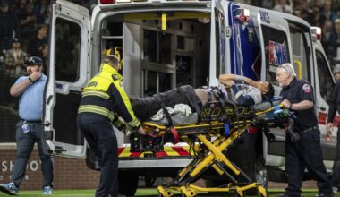 Yankees 3B Oswaldo Cabrera leaves game vs. Mariners in ambulance following awkward home plate slide