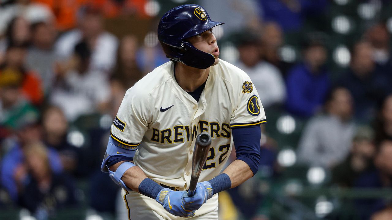 Milwaukee Brewers' Christian Yelich watches his two-run home run against the Houston Astros during the third inning of a baseball game, Monday, May 5, 2025, in Milwaukee.