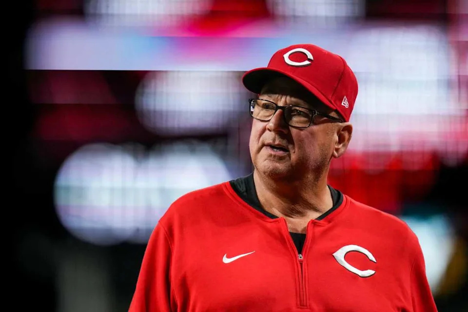 Cincinnati Reds manager Terry Francona (77) returns to the dugout after checking on center fielder TJ Friedl (29) in the third inning of the MLB interleague game between the Cincinnati Reds and the Chicago White Sox at Great American Ball Park in Cincinnati on Tuesday, May 13, 2025. The score was 0-0 after three innings.© Sam Greene&sol;The Enquirer &sol; USA TODAY NETWORK via Imagn Images