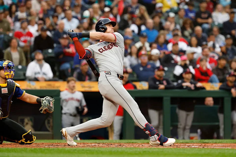 Cleveland Guardians' Nolan Jones hits a solo home run against the Seattle Mariners on June 13, 2025, in Seattle, Washington.
