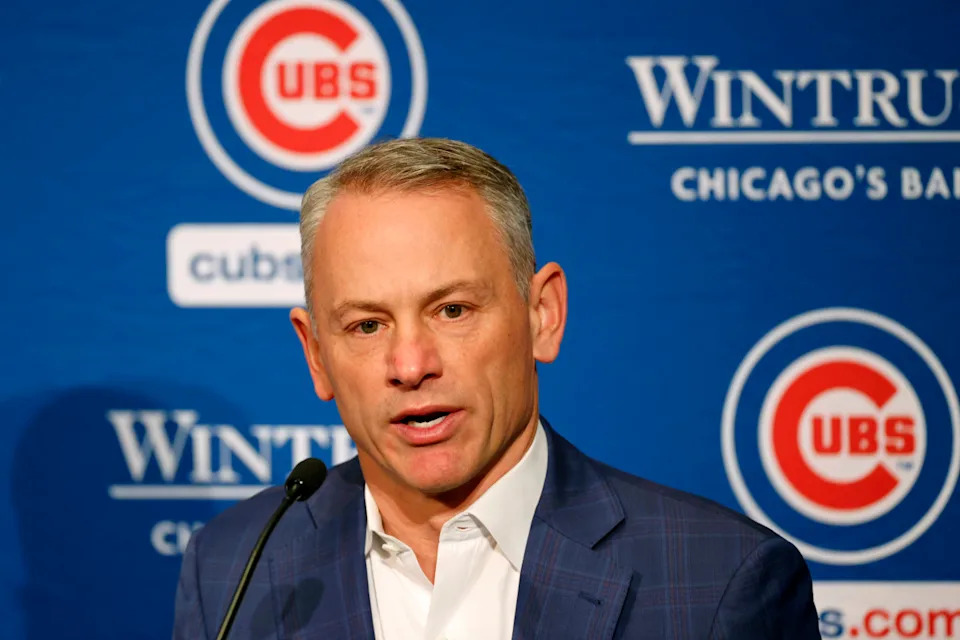 Chicago Cubs president of baseball operations Jed Hoyer talks to the media after introducing pitcher Shota Imanaga (not pictured) during a press conference at Loews Chicago Hotel.Kamil Krzaczynski-Imagn Images