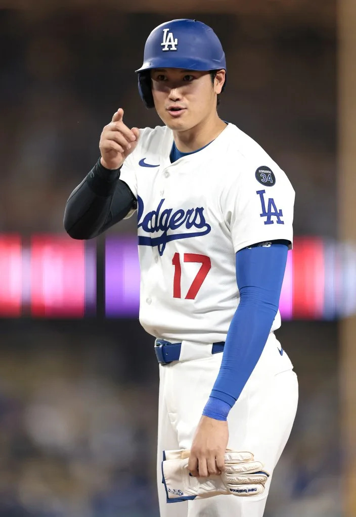 Shohei Ohtani of the Los Angeles Dodgers points into the San Diego Padres dugout after being hit by a pitch from Robert Suarez of the San Diego Padres in the ninth inning at Dodger Stadium on June 19, 2025 in Los Angeles, California. Getty Images