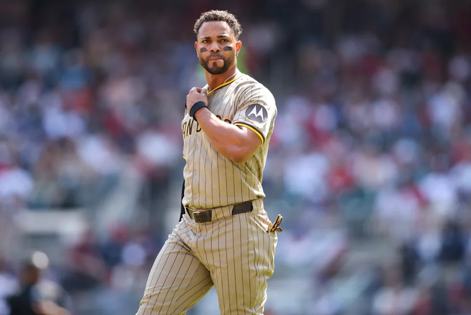 San Diego Padres shortstop Xander Bogaerts (2) between innings against the Atlanta Braves in the first inning at Truist Park.Brett Davis-Imagn Images