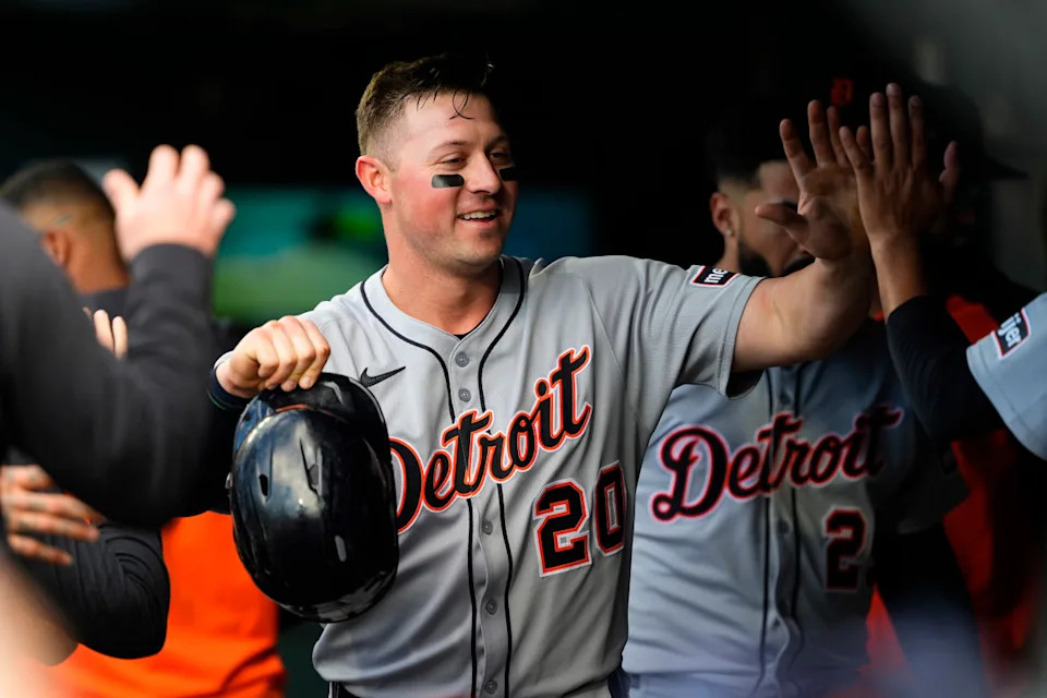 Detroit Tigers first baseman Spencer Torkelson celebrates a big moment with teammates versus the Colorado Rockies at Coors Field.Ron Chenoy-Imagn Images