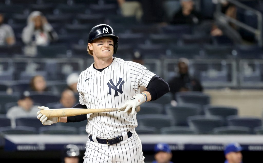 Clint Frazier #77 of the New York Yankees reacts after striking out.