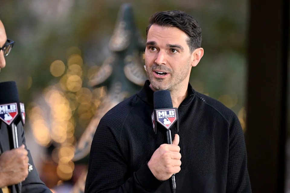 Philadelphia Phillies general manager Preston Mattingly speaks with the MLB Network at the Hilton Anatole during the 2024 MLB Winter Meetings.Jerome Miron-Imagn Images