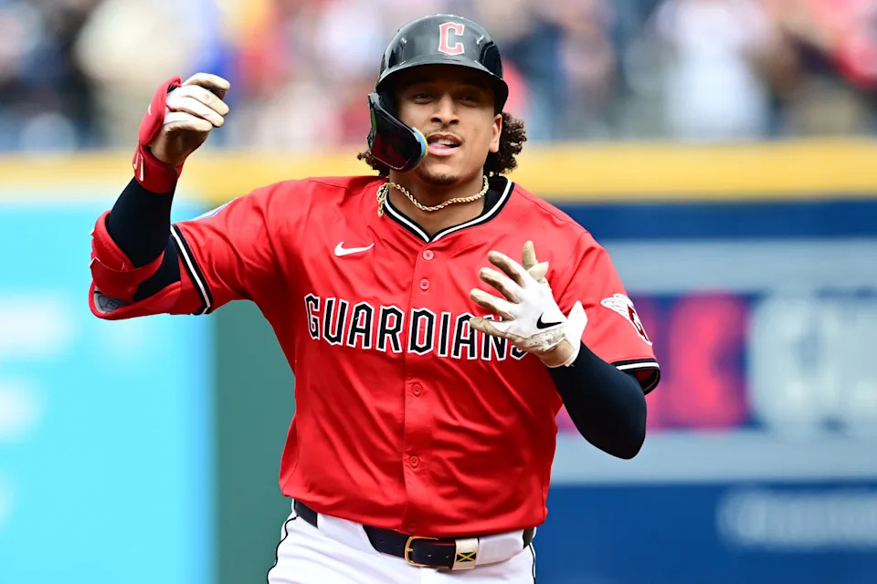 Jun 8, 2025; Cleveland, Ohio, USA; Cleveland Guardians catcher Bo Naylor (23) rounds the bases after hitting a home run during the second inning against the Houston Astros at Progressive Field. Mandatory Credit: Ken Blaze-Imagn Images