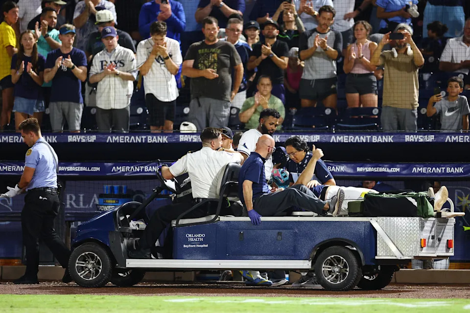 Hunter Bigge #43 of the Tampa Bay Rays gives a thumbs up after getting hit by a foul ball off the bat of Adley Rutschman of the Baltimore Orioles in the seventh inning at George M. Steinbrenner Field on June 19, 2025 in Tampa, Florida.