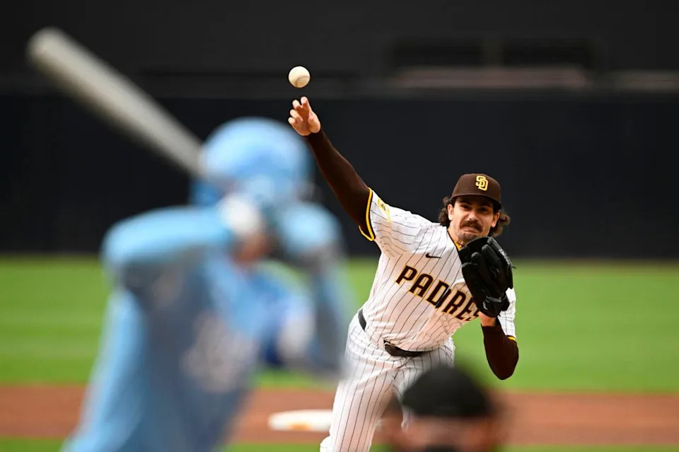 Padres starting pitcher Dylan Cease (84) delivers against the Kansas City Royals at Petco Park in San Diego on Saturday, June 21, 2025.