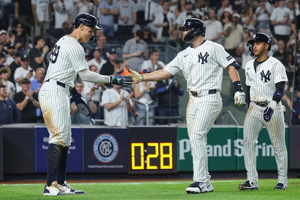 New York Yankees first baseman Paul Goldschmidt celebrates his three-run home run against the Tampa Bay Rays with Aaron Judge at Yankee Stadium on May 2, 2025.© Vincent Carchietta-Imagn Images
