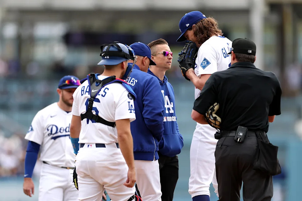 LOS ANGELES, CALIFORNIA - APRIL 27: Tyler Glasnow #31 of the Los Angeles Dodgers is relieved from the game against the Pittsburgh Pirates during the second inning at Dodger Stadium on April 27, 2025 in Los Angeles, California. (Photo by Luke Hales/Getty Images)