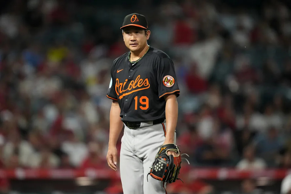 Baltimore Orioles starting pitcher Tomoyuki Sugano (19) reacts in the eighth inning against the Los Angeles Angels at Angel Stadium.Kirby Lee-Imagn Images
