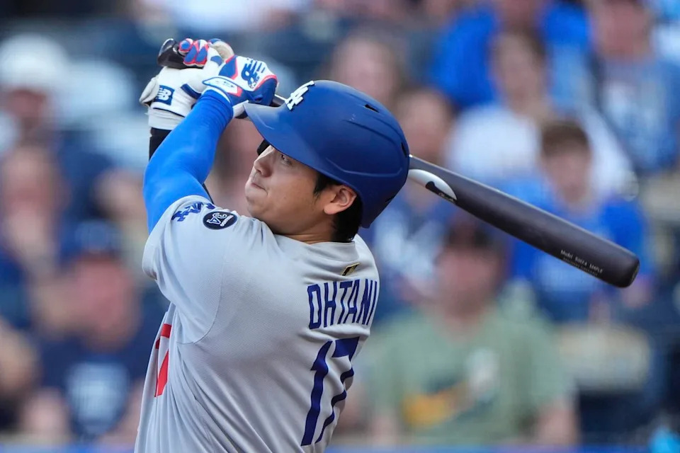 Shohei Ohtani hits a home run in the first inning against the Royals on Friday.