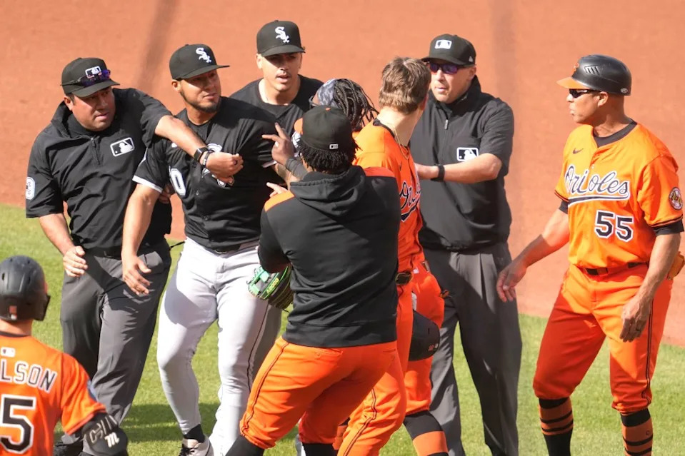 Lenyn Sosa of the Chicago White Sox pushes back Coby Mayo of the Baltimore Orioles after getting pushed in a rundown in the fourth inning. Getty Images