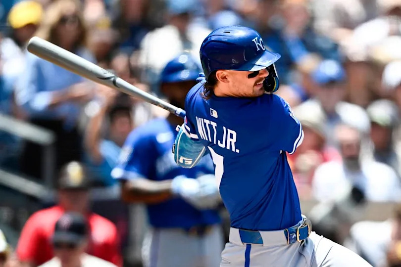 Kansas City Royals shortstop Bobby Witt Jr. single during a Sunday, June 22, 2025 game against the San Diego Padres at Petco Park in San Diego.