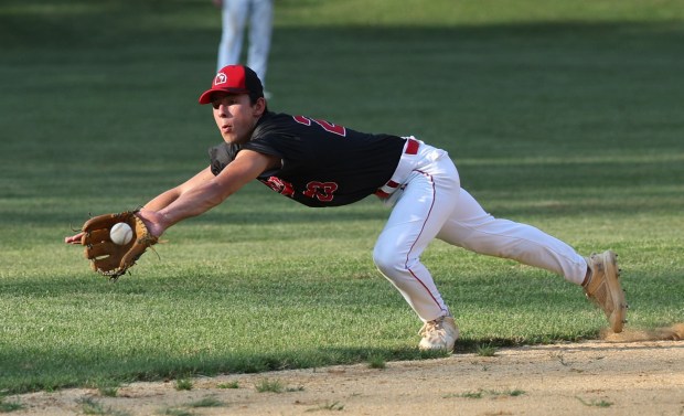 Barnstormers shortstop Sam Taylor dives for the ball against the Jays Wednesday. Tom Silknitter for Daily Local News