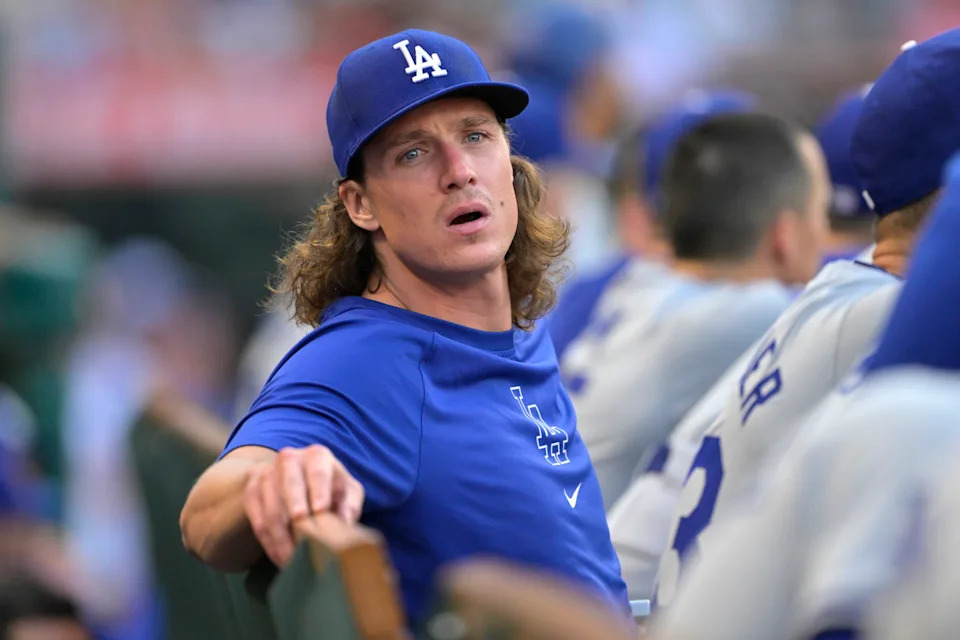 Sep 4, 2024; Anaheim, California, USA; Los Angeles Dodgers starting pitcher Tyler Glasnow (31) looks on from the dugout against the Los Angeles Angels at Angel Stadium.Jayne Kamin-Oncea-Imagn Images